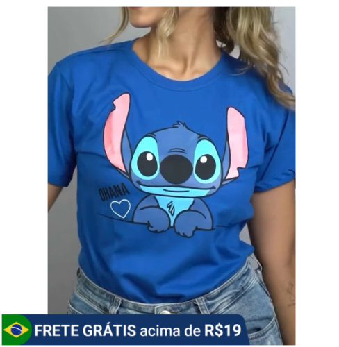 Camiseta Feminina Estampada Personagem Stich Ohana Lançamento Algodão