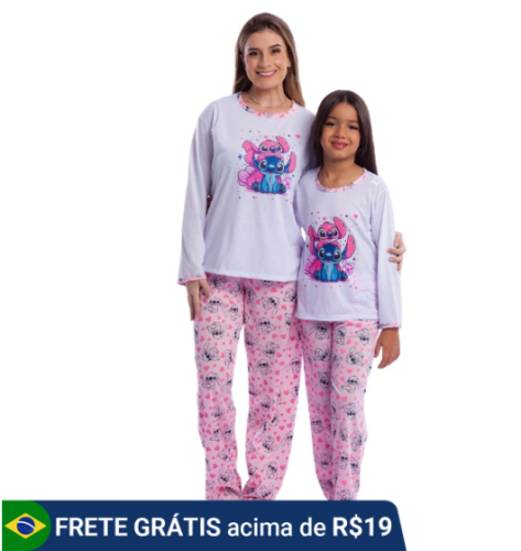 Kit 2 Pijama mãe e filha Stitch inverno calça estampada malha blusa manga comprida personagens inverno frio longo
