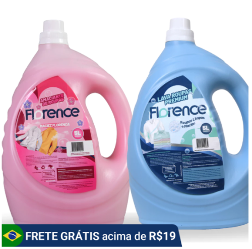 Kit Lavandeira: Lava Roupas Líquido Florence Omo 5L + Amaciante Lavanderia Florence Comfort 5L