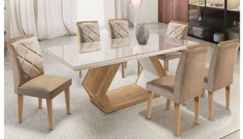 Mesa Alvorada 180 Tp Mdf Vidro canto Reto 6 Cadeiras Rufato