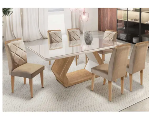 Mesa Alvorada 180 Tp Mdf Vidro canto Reto 6 Cadeiras Rufato