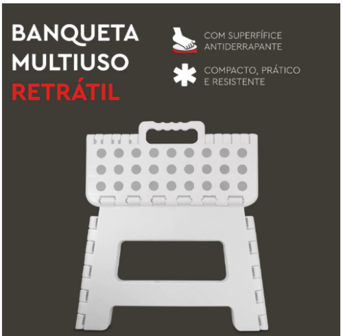 Banqueta Banquinho Multiuso Retrátil Dobrável 22cm Apoio Pés Antiderrapante Até 150kg com Alça
