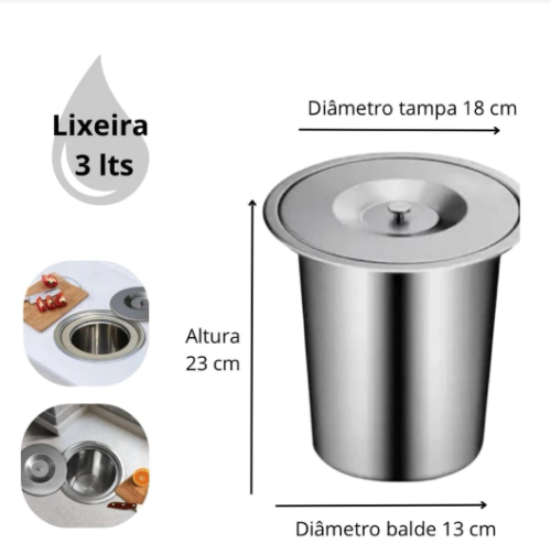Lixeira de Embutir Inox Pia Gourmet 3 ou 5 Litros não Enferruja