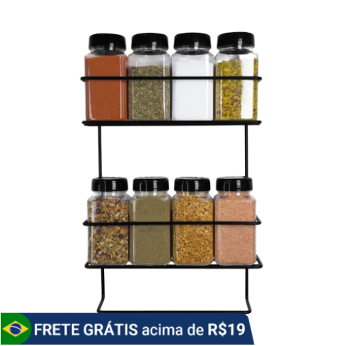 1 Porta Tempero de Ferro com 8 Potes 220ml Tampa Dupla com Etiquetas Condimentos