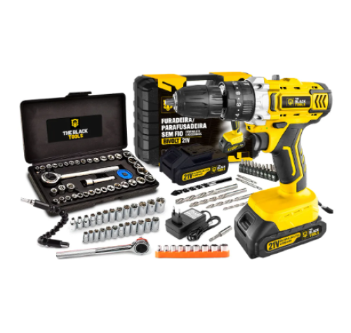 Furadeira Parafusadeira De Impacto 2 Baterias 21v 3/8 Tb-21pkx Com Jogo De Soquetes 40 Peças The Black Tools