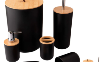 Kit de Banheiro Completo com 6,4 ou 2 Peças – Lixeira com Tampa Basculante Bambu para Lavabo