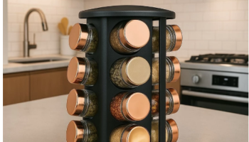 Porta Condimento Giratório Inox com 16 Potes de Vidro – Elegância na Sua Cozinha