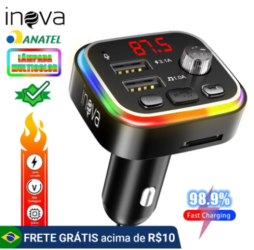 INOVA Adaptador Veicular QC3.0 + Bluetooth 5.0: Transmissor FM, MP3 Player, Áudio Estéreo com Modulação
