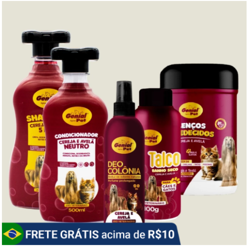 Kit Banho e Tosa Shampoo Condicionador Talco Perfumado, Lenço Perfume Cereja e Avelã Cachorro e Gato