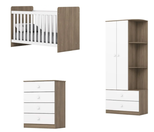 Quarto de Bebê Completo com Guarda-roupa Berço e Cômoda Henn Labirinto Rústico e Branco