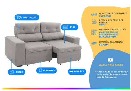 Sofá Retrátil Reclinável 3 Lugares Suede – Phormatta Evolution SMP