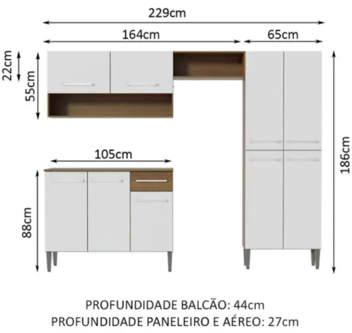 Armário de Cozinha Completa com Armário e Balcão 229cm Emilly Madesa