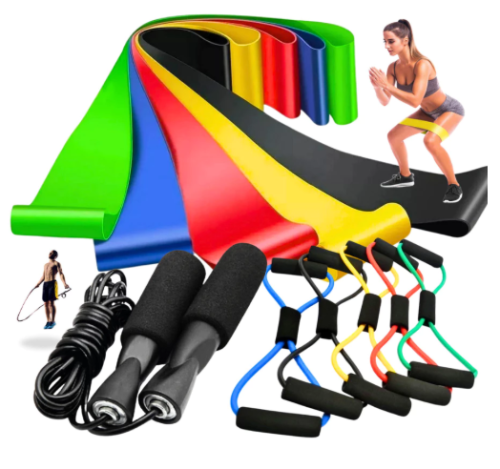 Kit Treine Em Casa Completo Elástico Extensor Cross Tube + Kit com 5 Faixa + Corda de Pular