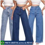 Calça Jeans Feminina Cintura Alta Wide Leg Com Bolso