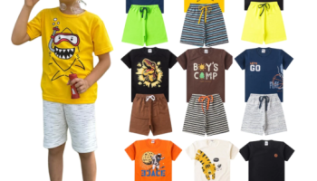 Kit 10 Peças sortido de Roupas Infantil Menino 5 Camisas + 5 Bermudas Masc Bebê Tam 1 ao 10 anos