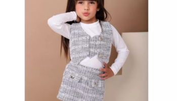 Conjunto Luxo 4 Peças /Saia em TWEED + Blusa Canelada com coração + colete+Boina(Moda Blogueira/ Inverno) LUXO menina