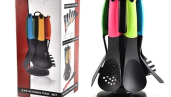 Kit 7 Utensílios Silicone Colorido Suporte Giratório Concha Escumadeira