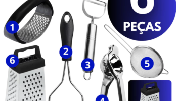 Kit Amassador Batata + Amassador Alho + Descascador + Ralador + Peneira Cozinha + Espremedor Limão