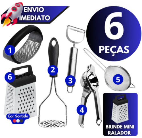 Kit Amassador Batata + Amassador Alho + Descascador + Ralador + Peneira Cozinha + Espremedor Limão
