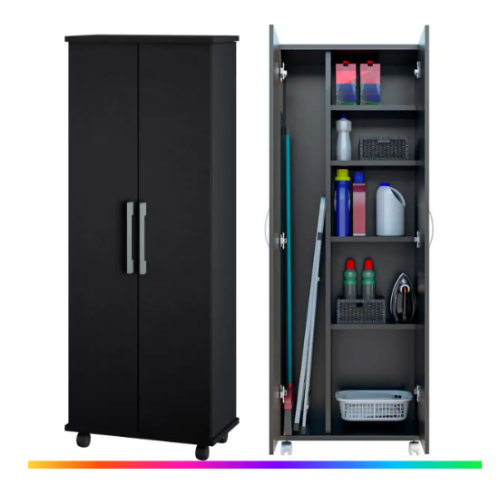 Armário Lavanderia 2 Portas com Espaço para Vassouras Multiuso com Rodinhas Móveis Bonatto