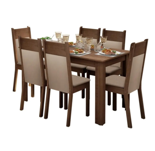 Conjunto Sala de Jantar Mesa Tampo de Madeira 6 Cadeiras Rustic/Crema/Bege Jaíne Madesa