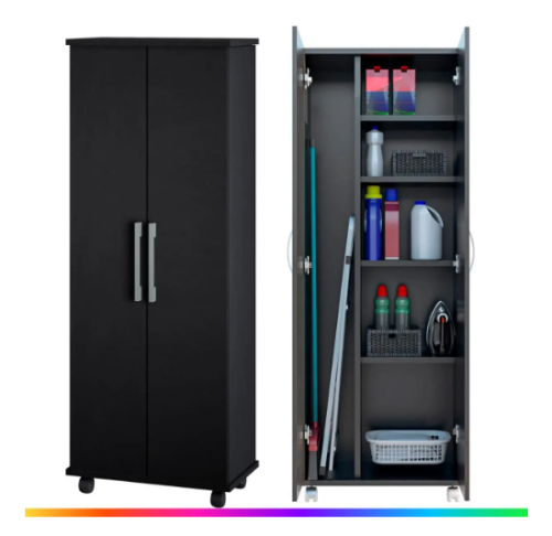 Armário Lavanderia 2 Portas com Espaço para Vassouras Multiuso com Rodinhas Móveis Bonatto