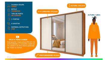 Guarda-roupa Casal com Espelho 6 Gavetas 3 Portas de Correr Caemmun Spazio