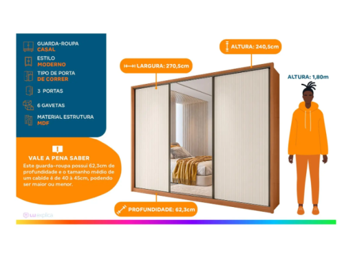 Guarda-roupa Casal com Espelho 6 Gavetas 3 Portas de Correr Caemmun Spazio