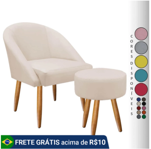 Kit Poltrona Lua e Puff Redondo para Sala Decorativa Pés Palito Suede Aninha Poltronas