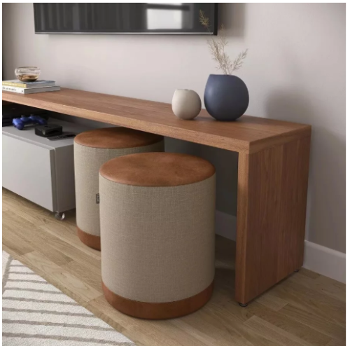 Puff Elegance Linho Detalhes em Corino Banquinho Banqueta Quarto Sala – Cores