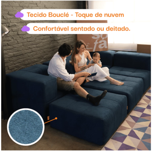 Sofá 3 lugares Modular com 3 Apoios (Puff) – Sofá na Caixa em Boucle com 6 Módulos 2,58m – 2 Braços