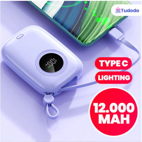 Carrega super rápido power bank de 12.000 mAh com USB universal‌, compacto, portátil e com exibidor numérico.
