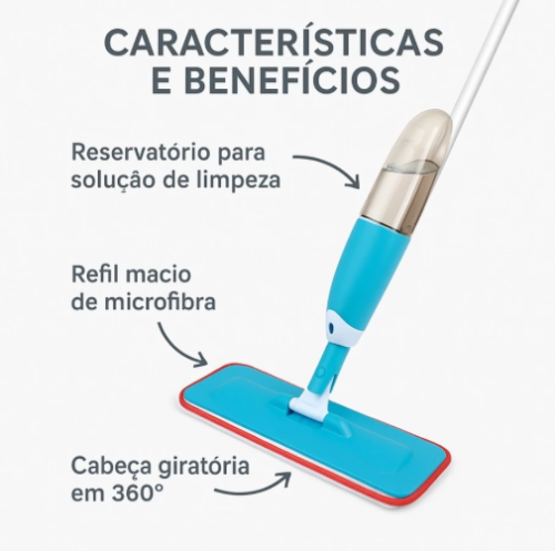 Kit Mop Spray com 2 Refis Microfibra Prático Giratório Cabo de 125cm