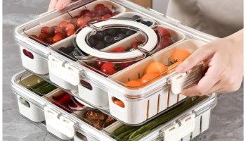 Caixa Organizadora de Alimentos Transparente Geladeira Empilhável Multiuso com Divisórias