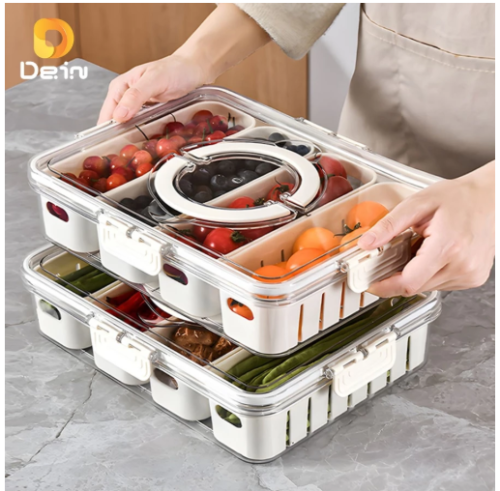 Caixa Organizadora de Alimentos Transparente Geladeira Empilhável Multiuso com Divisórias