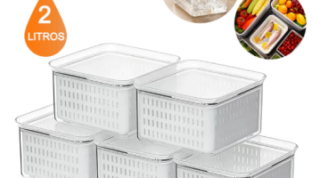 Kit 5 Organizador de Geladeira 2 Litros Cesto ou 1 Litro Com Tampa Multiuso Para Alimento Frutas e Legumes