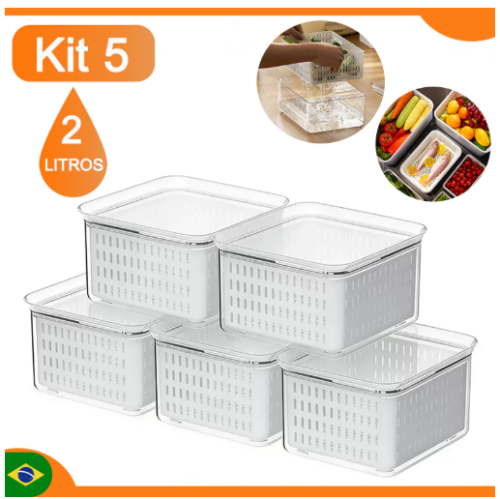 Kit 5 Organizador de Geladeira 2 Litros Cesto ou 1 Litro Com Tampa Multiuso Para Alimento Frutas e Legumes