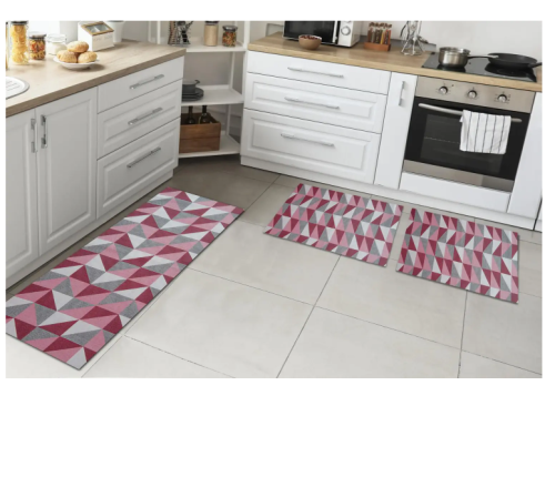 Kit Tapetes e Passadeira De Cozinha 3 Peças Antiderrapante Ladrilhos Vinho e Cru – Ibitinga Decora