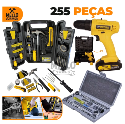 Kit Jogo de Ferramentas 255 Peças com Maleta Completa + Parafusadeira 12V e Jogo De Soquetes