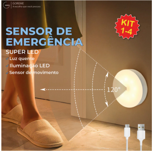 Kit 4 Luminária Led Sensor De Presença Automático Luminação Inteligente Recarregável USB Luz Neutra