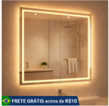 Espelho Quadrado 40×40 Jateado Fino LED 3 Cores Touch Banheiro Lavabo Quarto Luxo
