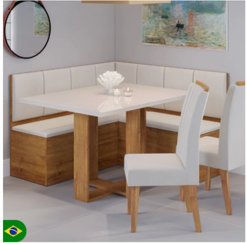 Conjunto Canto Baú com Mesa de Jantar Retangular 120x80cm SEM Vidro e 2 Cadeiras Mel\Off White\Marfim