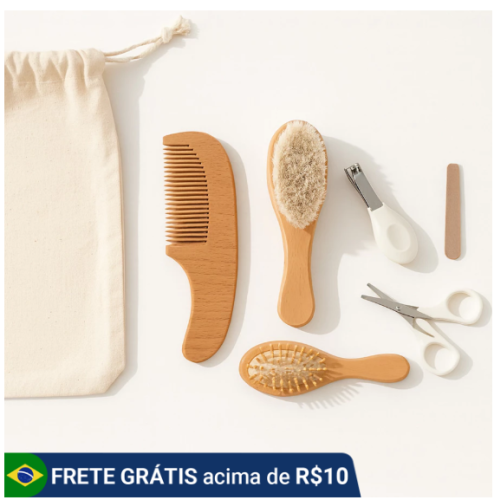 Kit 8 Itens Cuidado Higiene Bebê Bolsa Ecológica Cabelo Escova Pente Unha