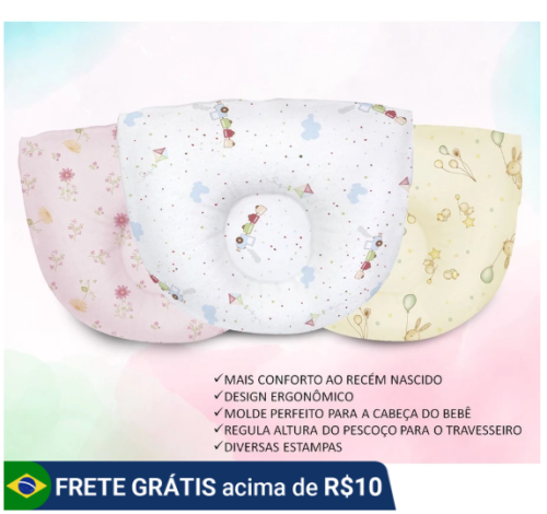 Travesseiro Bebê Anatômico Estampado Enxoval do Bebê RN Almofada Infantil