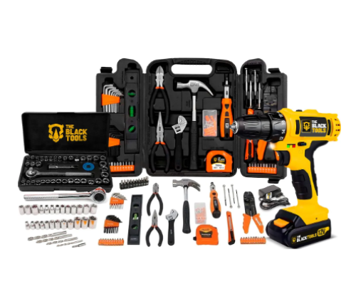Jogo De Ferramentas 169 Peças Com Maleta E Furadeira Parafusadeira Sem Fio A Bateria Tb-12e 12v 3/8 10mm The Black Tools