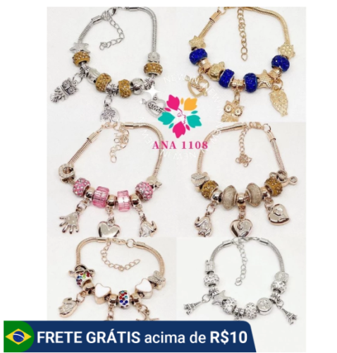 GGUAN KIT 6 Pulseira Berloques Prateada, Rose e Dourada Estilo Feminina (Modelo aleatório)