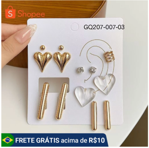 ANA1108 Conjunto de 6 Pares de Brincos-007 Femininos Modernos–Dourado/Prata Brilhante,Vários Estilos