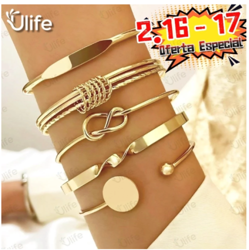 Conjunto De Pulseira De Torção Geométrica 5 Peças Para Mulheres Minimalista Empilhável Presente De Joias Da Sorte-UF