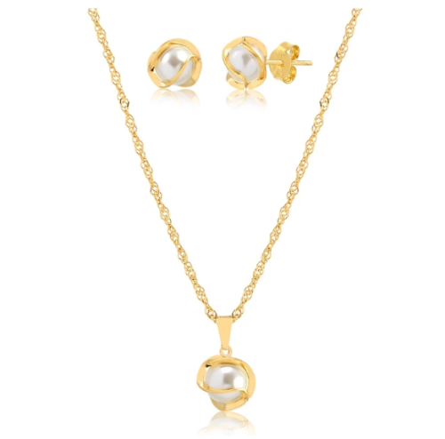 Conjunto Colar E Brinco Com Pingente de Pérola Folheado A Ouro 18k Ótima Opção De Presente