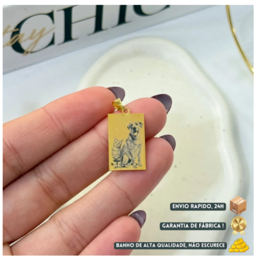 Pingente Placa Gravação Foto Personalizado Banhado a Ouro 18k Anti Alérgico Semijoia